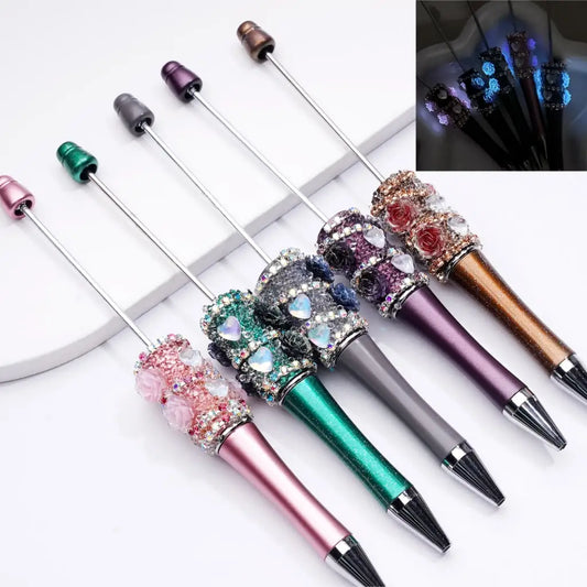 Luminous Plastic Ballpoint Pen with Rhinestone Flower Heart Charm Portable Solid Colors Gift for Back to School/Graduation