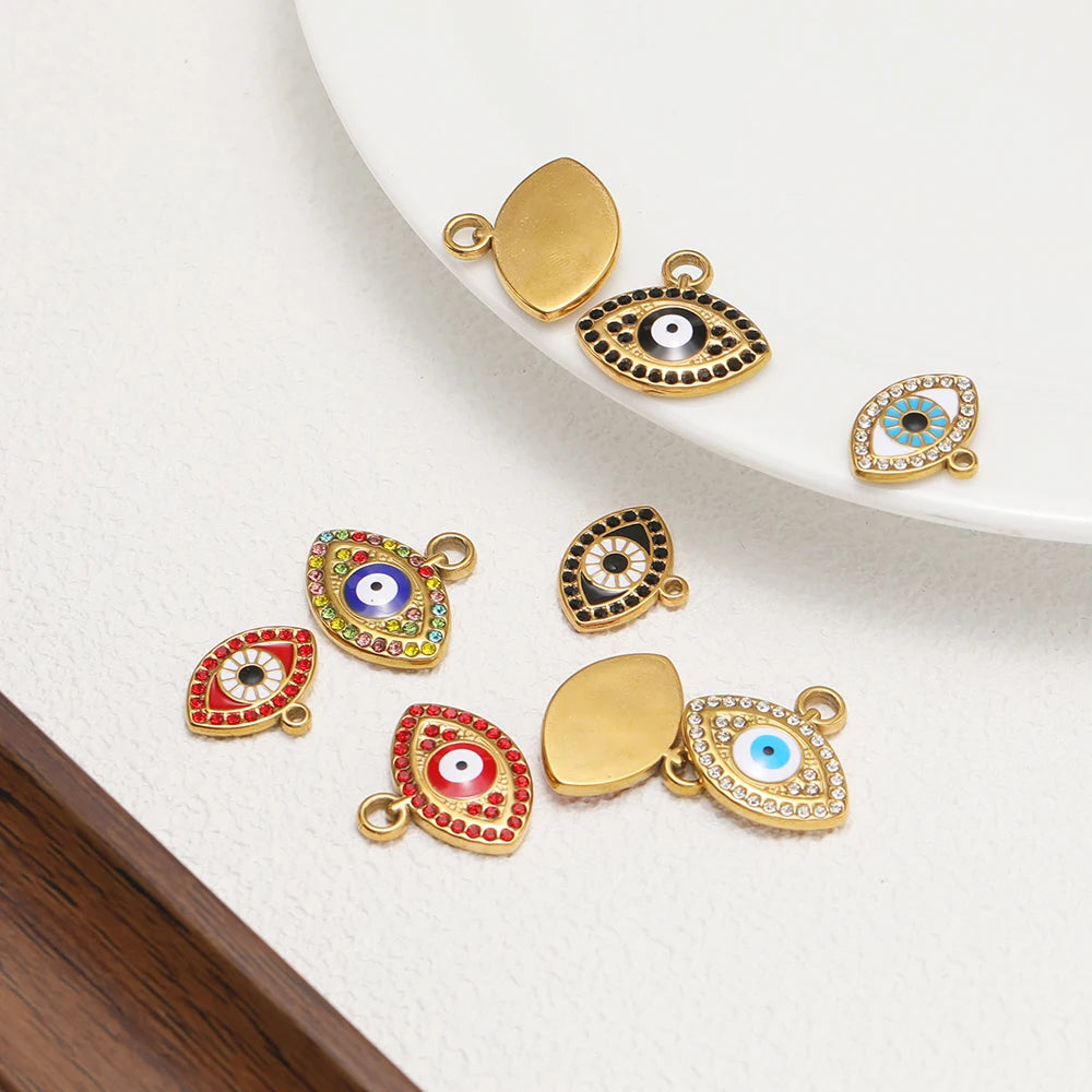 Fashion Stainless Steel 18k Gold Plated Enamel  Zircon Eyes Charm Pendant for Necklace Bracelet Jewelry Making Wholesale