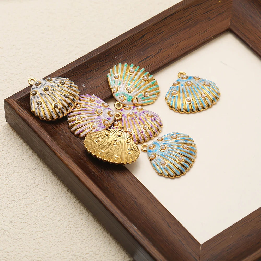 Gold Plated Seashell Charm Striped Shell Pendant with Pearl Single Sided Enamel  DIY Beach Jewelry Making Supplies Wholesale