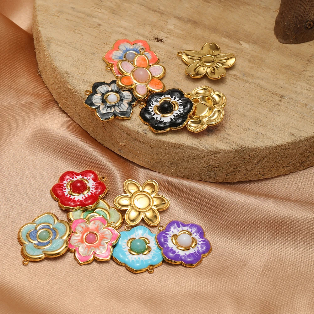 Exquisite Pendant 18k Gold Plated Stainless Steel Colorful Enamel Flower Charm Pendant for Necklace Jewelry Making Accessories