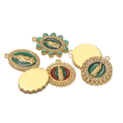 Retro Stainless Steel 18k Gold Plated Enamel Oval Jesus Zircon Charms Pendant for Diy  Religious Jewelry Necklace Making