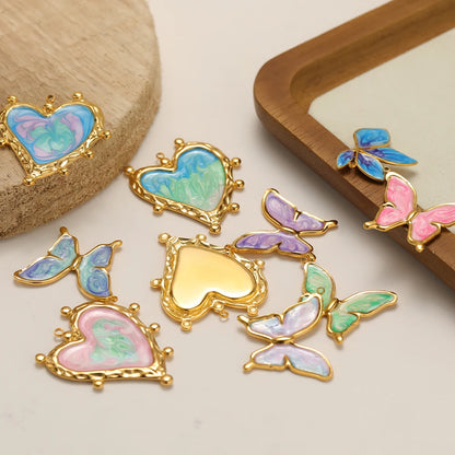 4pcs/bag Stainless Steel 18K Gold Plated Colorful Drop Oil Butterfly Heart Leaf Charm Pendant for Jewelry Necklace Making