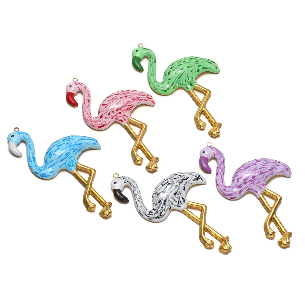 New Style Bird Pendant Stainless Steel 18k Gold Plated Oil Drop Flamingo Charm Pendant for Jewelry Necklace Making