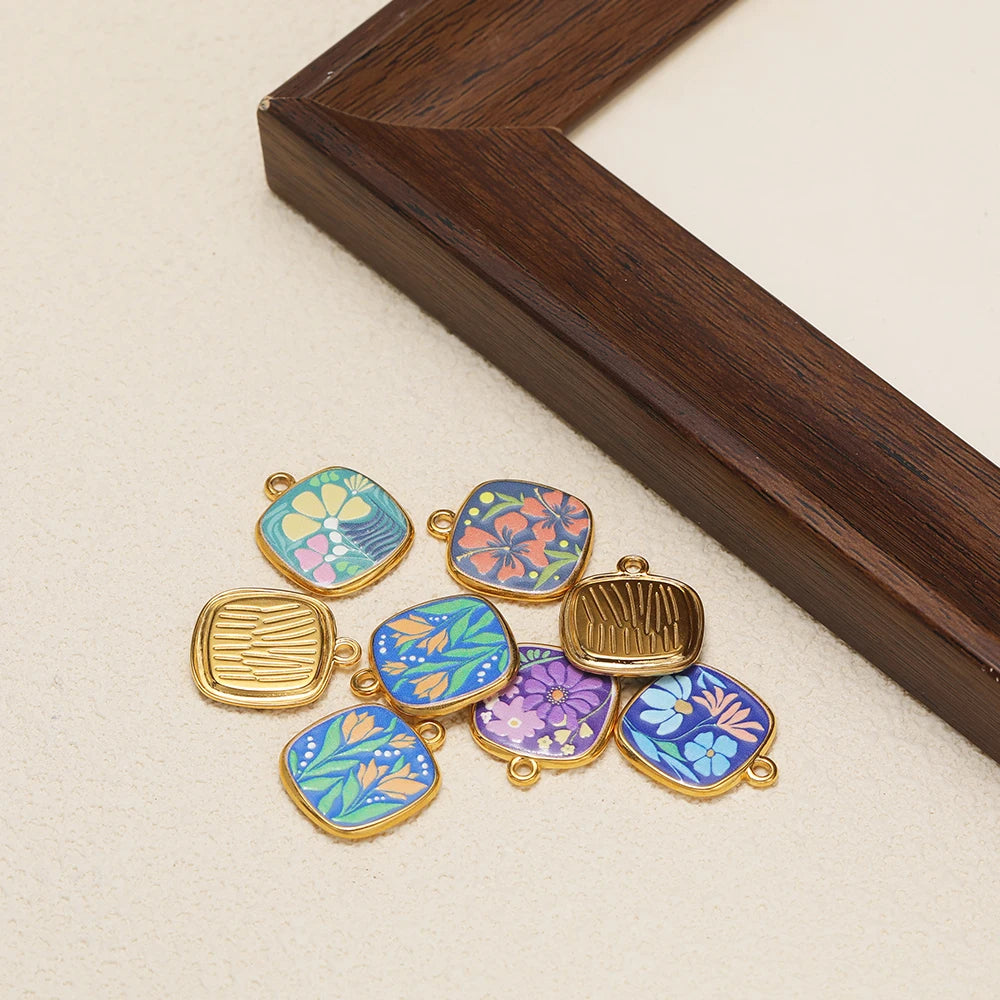Trendy Stainless Steel 18k Gold Plated Enamel square Flower Charm Pendant for Diy Jewelry Making Wholesale