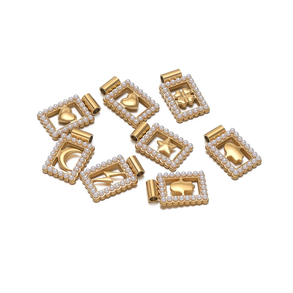 18k Gold Plated Stainless Steel Hollow Rectangular Pearl Four-leaf Clover Star Moon Charm Pendant for Necklace Jewelry Making