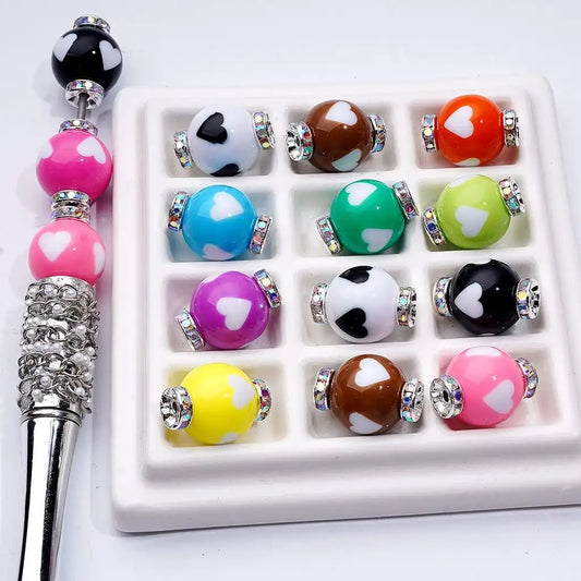 Heart Print Multi-color Acrylic Beads 16mm with Mini Silver Spacer DIY Jewelry Making Pen Bracelet Phone Chain Accessories