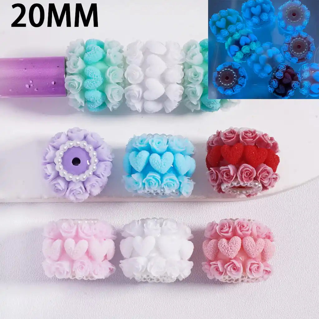 Acrylic Lucite Plastic Beads Luminous with Rose Flowers Frosted Hearts Valentine's Day White Pearl Chains 20MM Multi-Color