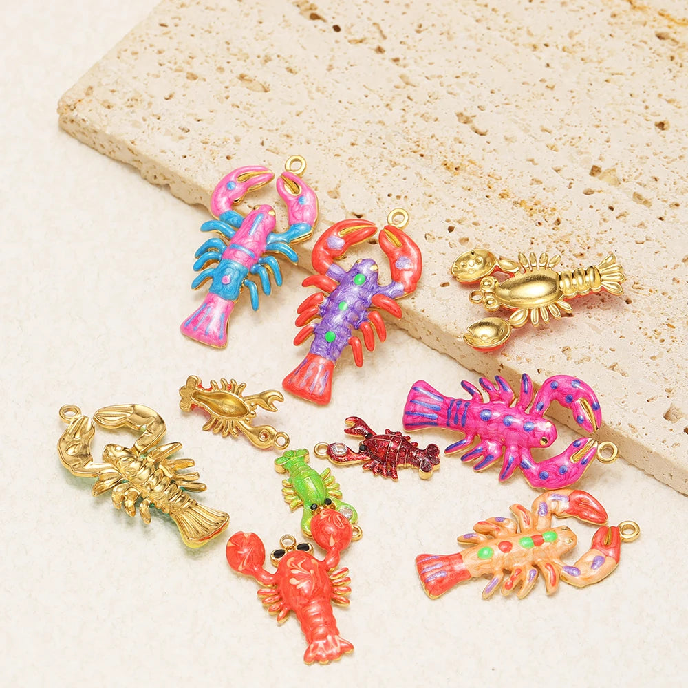 High Quality Jinrou 18K Gold Plated Stainless Steel Enamel Lobster Shape Pendant Findings for Necklace Earrings Jewelry Making