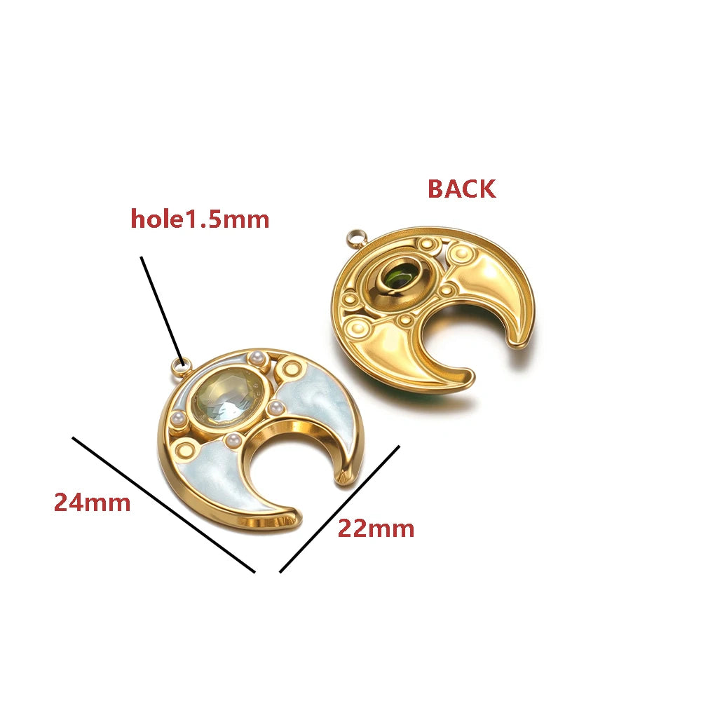 18K Gold Plated 24*22mm Wide Hollow Moon Single-Sided Oil Dripping Point Color Diamond Pearl 1.5mm Single-Hole Light Green