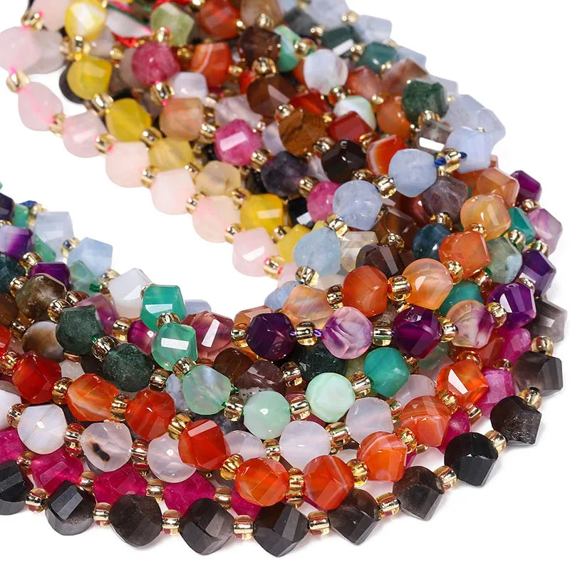 Faceted Helix Twisted 6mm 8mm 10mm Jade Agate Gemstone Beads, Cut Stone Obsidian Rose Quartz Bead for DIY Jewelry Making 18CM