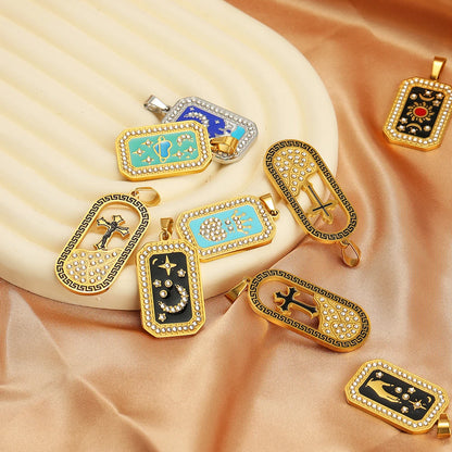Unisex Stainless Steel Gold Plated Zircon Enamel Square Cross Charm Pendant for DIY Jewelry Making Wholesale