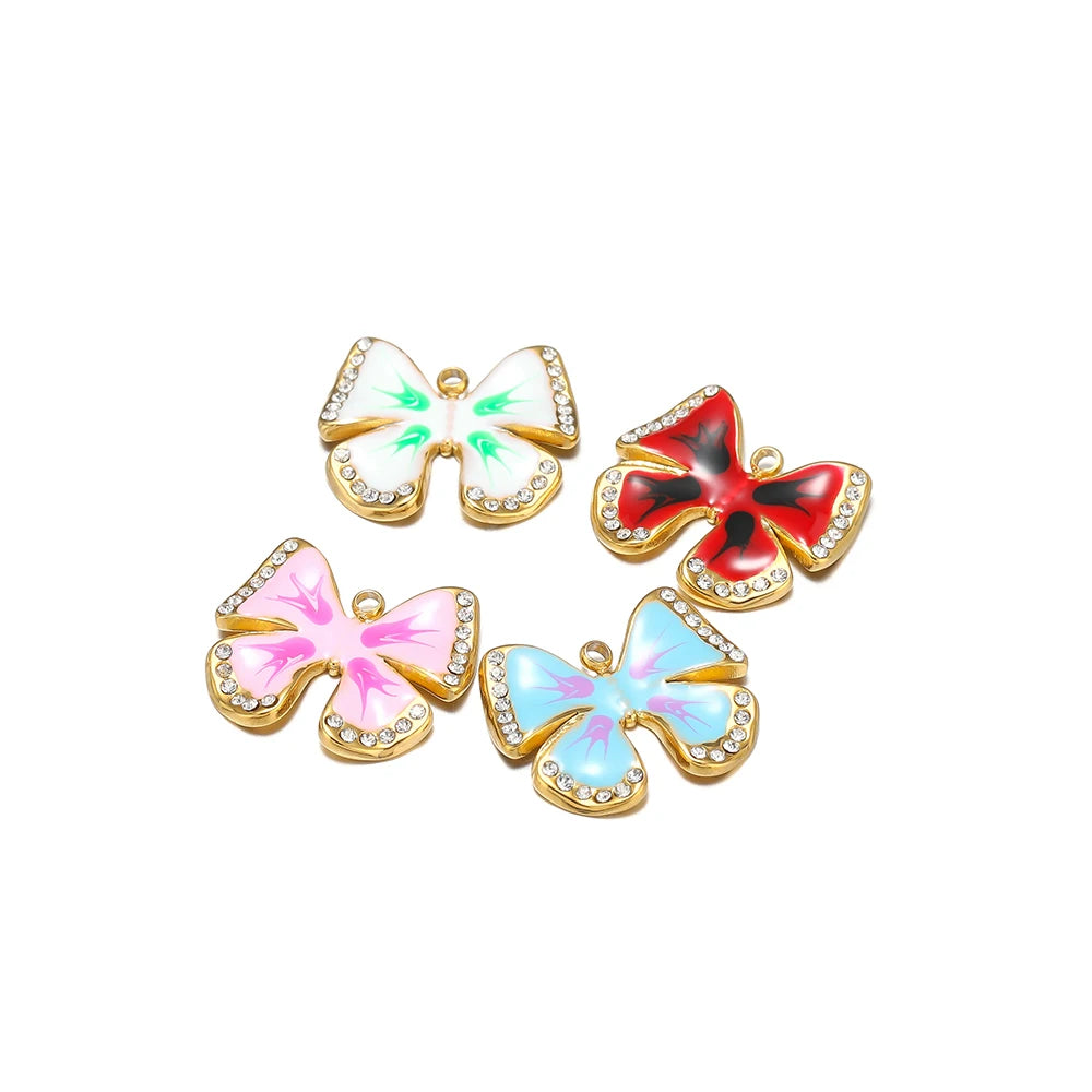 Waterproof Stainless Steel 18k Gold Enamel Crystal Bowknot Charms Pendant for Jewelry Necklace Earring Making Trendy Accessories