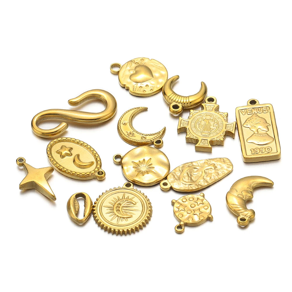 Fashion Pendant 304 Stainless Steel 18k Gold Plated Cross Moon Geometric Charm Pendant for DIY Jewelry Necklace Making