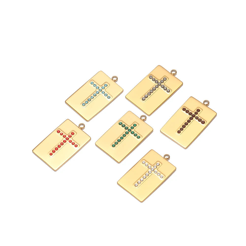 High Quality Stainless Steel 18k Gold Plated Square Cross Zircon Charms Pendant for DIY Jewelry Necklace Making