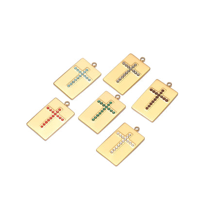 High Quality Stainless Steel 18k Gold Plated Square Cross Zircon Charms Pendant for DIY Jewelry Necklace Making