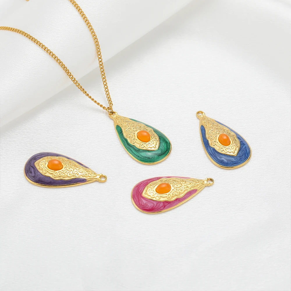 French 18k Gold Plated Stainless Steel Enamel Water Drop Pendant for Women Jewelry Necklace Earrings Making Accessories