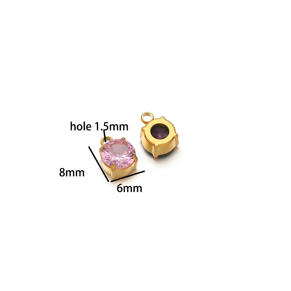 5pcs/bag Stainless Steel 18k Gold Plated 8*6mm Round Zircon Charm Pendant for Diy Necklace Jewelry Making Accessories