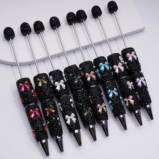 Shiny Bowtie Black Rhinestone Beadable Pen with UV Coating, DIY Decorative Clay Pen