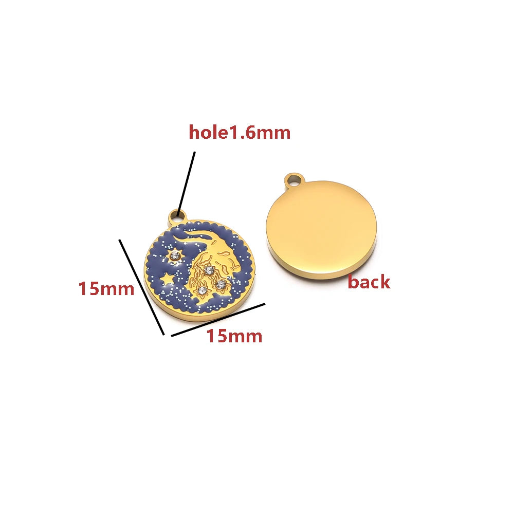 Wholesale 12 Constellations Enamel Charms Set - 15mm Gold Round Zodiac Pendants with 1.6mm Single Hole
