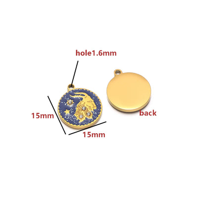 Wholesale 12 Constellations Enamel Charms Set - 15mm Gold Round Zodiac Pendants with 1.6mm Single Hole