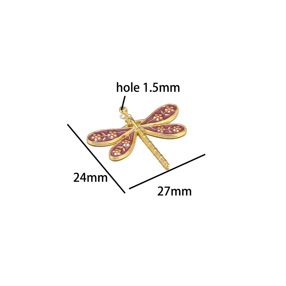 Retro Style Stainless Steel 18k Gold Plated Enamel Dragonfly and Flower Charms Pendant for Jewelry Necklace Making Accessories