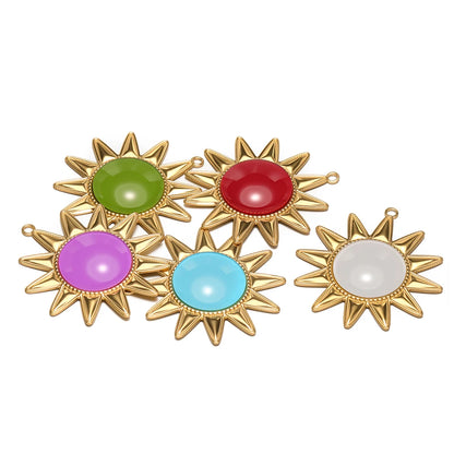 New Bohemian Retro Stainless Steel Gold Plated Big Sun Gemstone Charm Pendant for Earring Jewelry Making Accessories