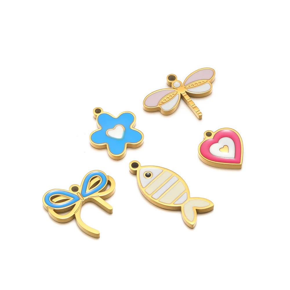 TIK TOK Hotsale 18k Gold Plated Stainless Steel Enamel Flower Fish Bowknot Heart Dragonfly Charm Pendant for DIY Jewelry Making