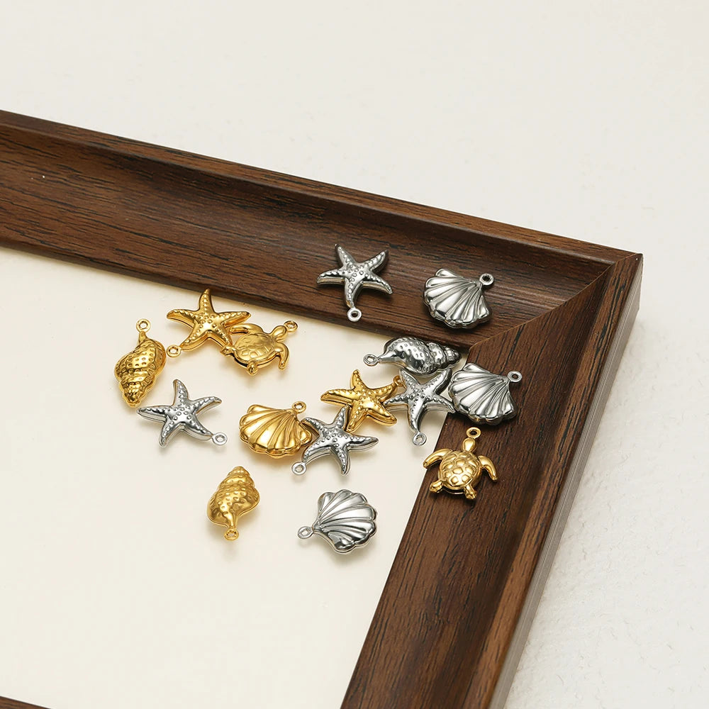 Vintage Stainless Steel 18k Gold Plated Shell Starfish Sea Turtle Sea Snail Charm Pendant for Jewelry Necklace Making