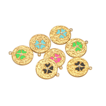 New Product Stainless Steel 18k Gold Plated Enamel Four Leaf Clover Crumpled Round Charm Pendant for Jewelry Necklace Making