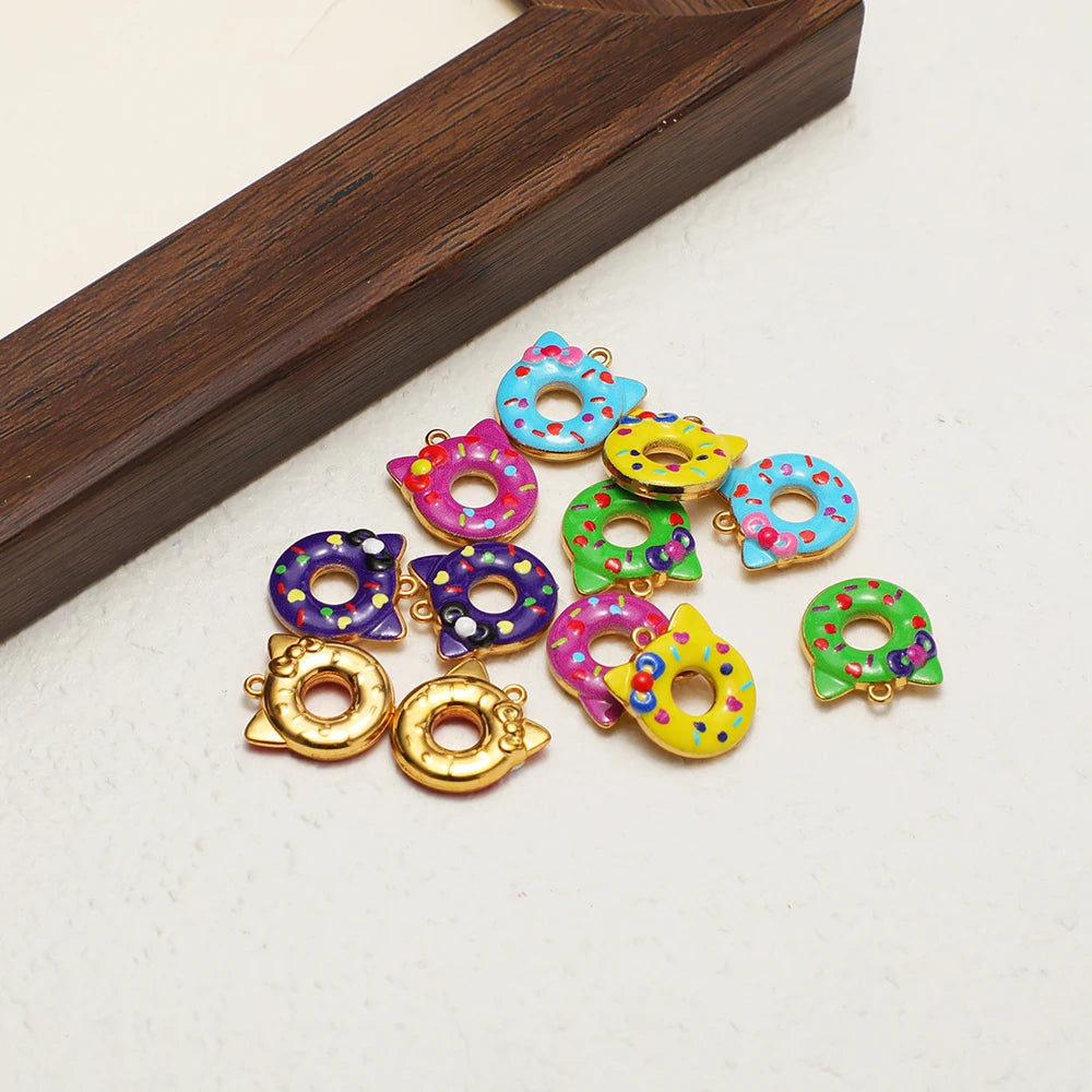 Cat Ear Donut-Shaped 18K Gold Plated Color Droplet Oil Pendant 1.1mm Hole Set 4 DIY Cute Handmade Charms Gold Kitty