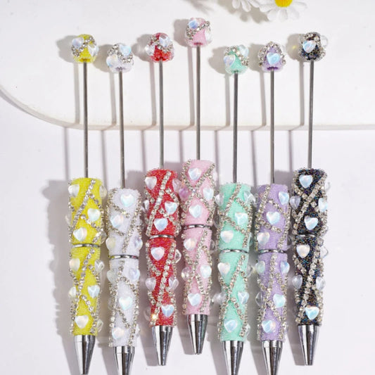 Bulk Fancy Beadable Ballpoint Pen X Rhinestone Trim With Heart Bubble Inlay Beads for DIY Craft Supplies Promotional Gift