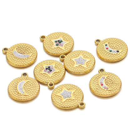 Fashion Stainless Steel 18k Gold Plated Round Wave Point Star Moon Zircon Charm Pendant for Jewelry Necklace Making Accessories