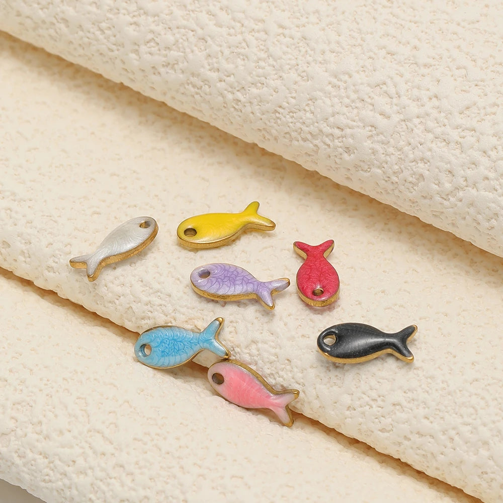 Colorful Enamel DIY  Charm 18k Gold Plated Stainless Steel Fish Charm Pendant for Handmade Necklace Jewelry Making