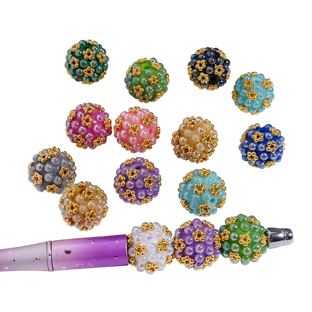Plastic Coated Beads with Gold Alloy Flower Balls and Half Shell Pearls for DIY Round Beaded Pen Jewelry
