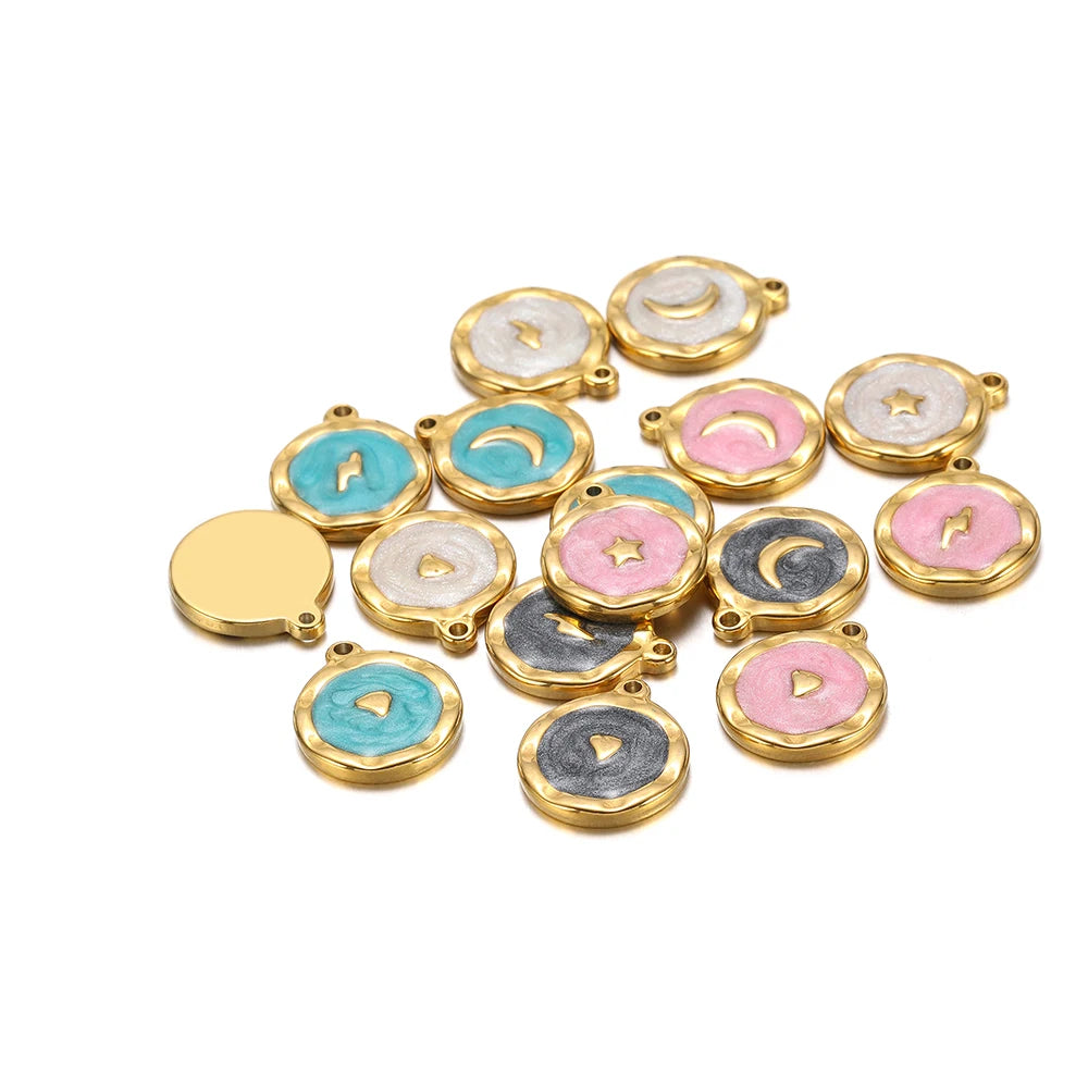 High Polish 304 Stainless Steel 18k Gold Plated Enamel Star Moon Heart Lightning Charm Pendant for Jewelry Necklace Making