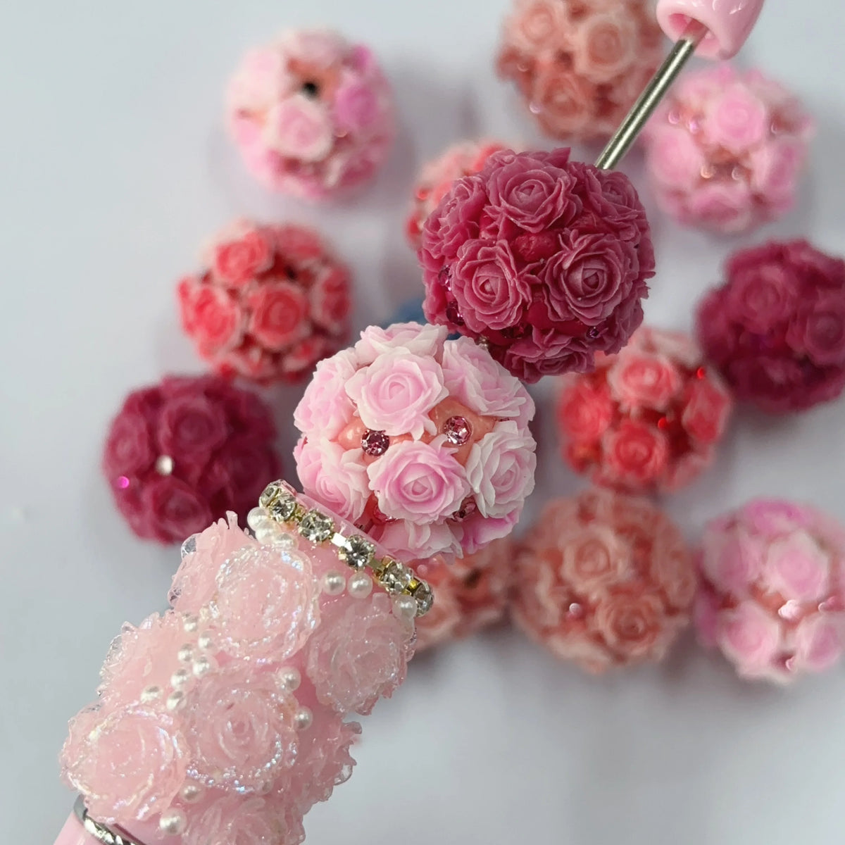 Luminous Rose Flower Clay Beads With Shiny Rhinestones Loose Beads for Beaded Pens Jewelry Making