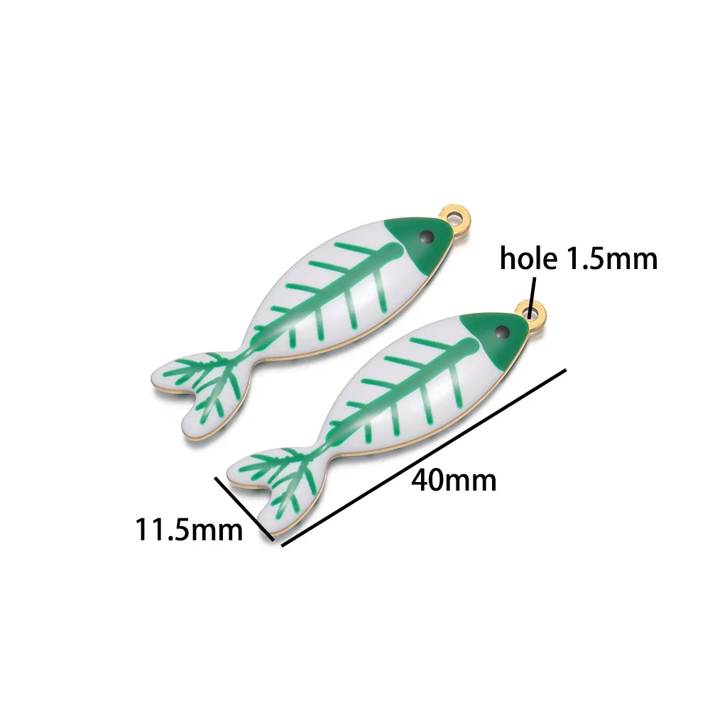 Handmade 18k Gold Plated Stainless Steel Enamel Cute Beach Fishbone Charm Pendant for Jewelry Necklace Making Accessories