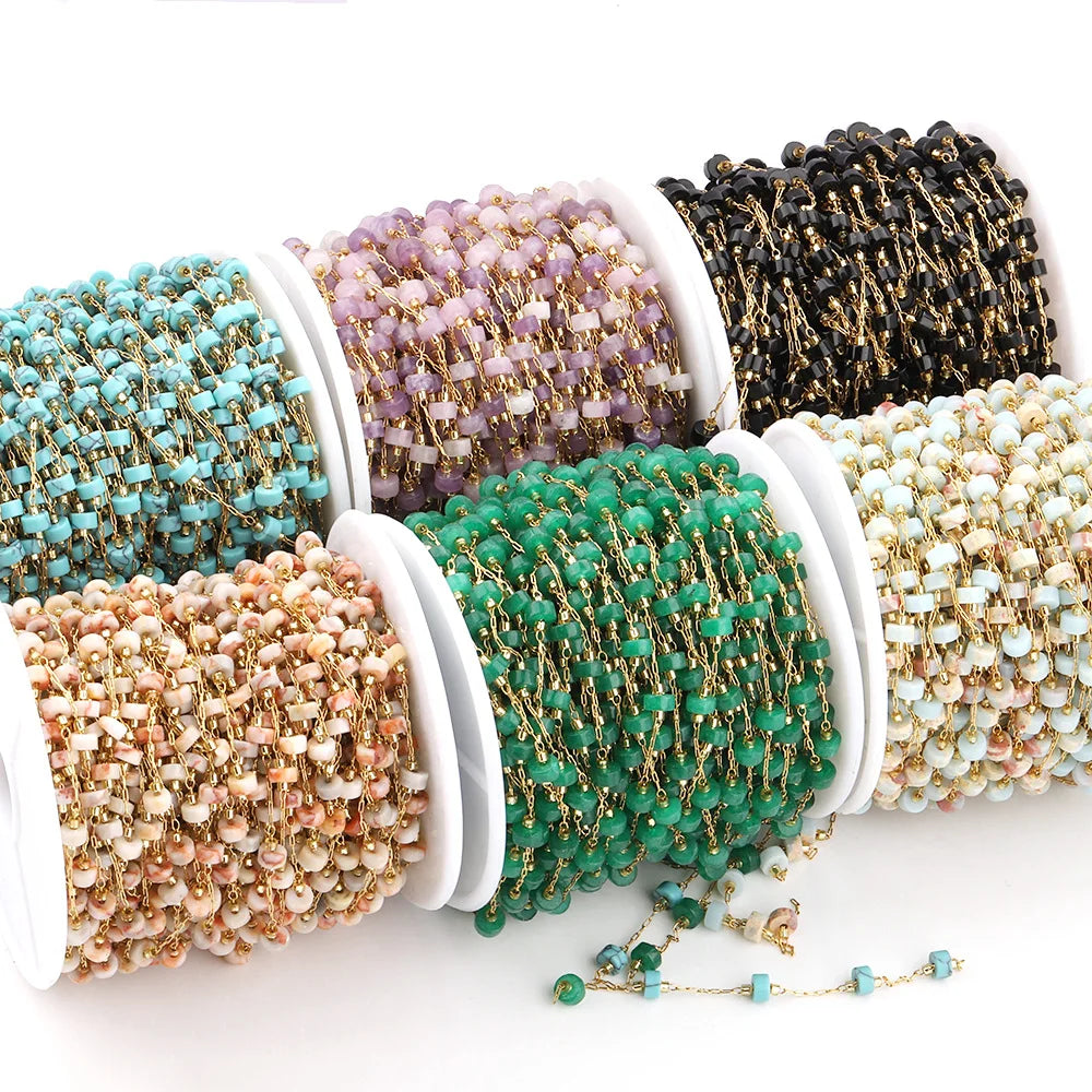A2757 Fashion Colorful Natural Stone Beads Chain Beaded Rosary Stainless Steel Chain for Necklace Bracelet Making Diy