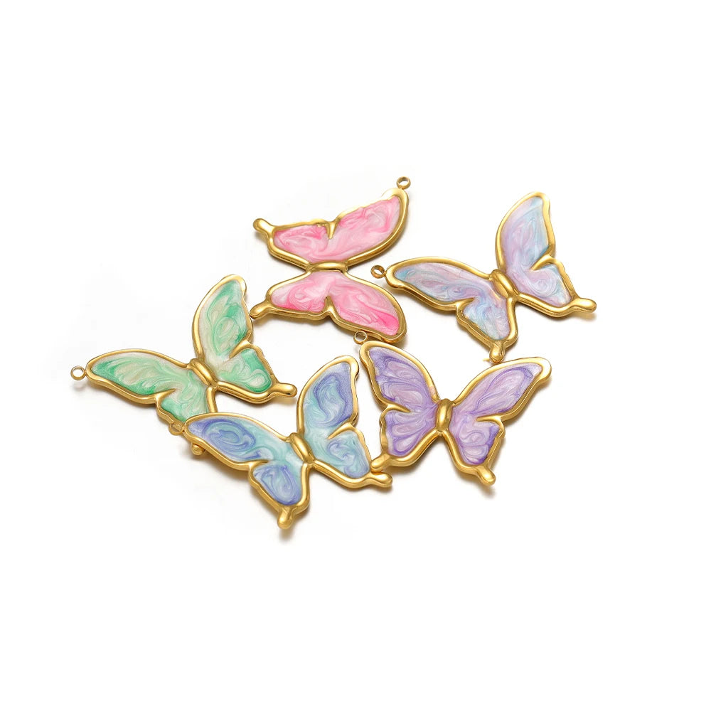 4pcs/bag Stainless Steel 18K Gold Plated Colorful Drop Oil Butterfly Heart Leaf Charm Pendant for Jewelry Necklace Making
