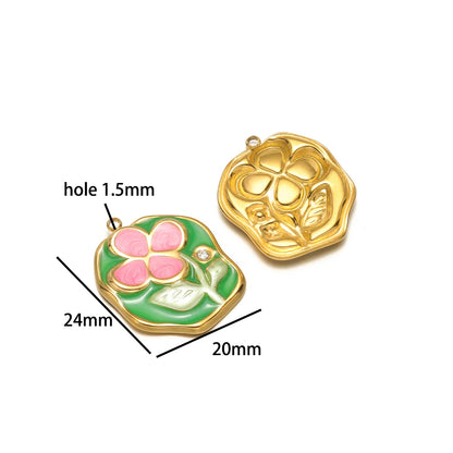 Exquisite Oil Drop Painted Flower Charm 18k Gold Plated Stainless Steel Enamel Round Square Pendant for Necklace Jewelry Making