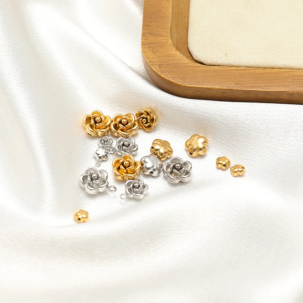 Retro Design 18k Gold Plated Stainless Steel Rose Bead Pendant Flower Charm Pendant for Bracelet Necklace Jewelry Making