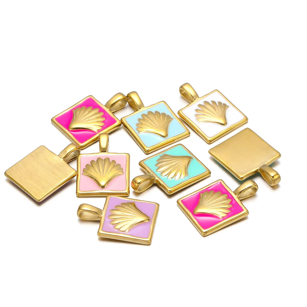 Newest Stainless Steel 18k Gold Plated Enamel Colorful Square Charm Pendant  for Jewelry Necklace Making Accessories