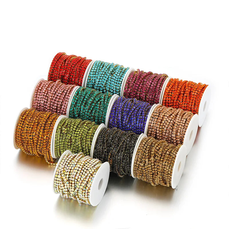 E369 2MM Colorful Rhinestones Chain Colored Bottom and Stones Glass Rhinestones Trimming Crystal Cup Stainless Steel Chain