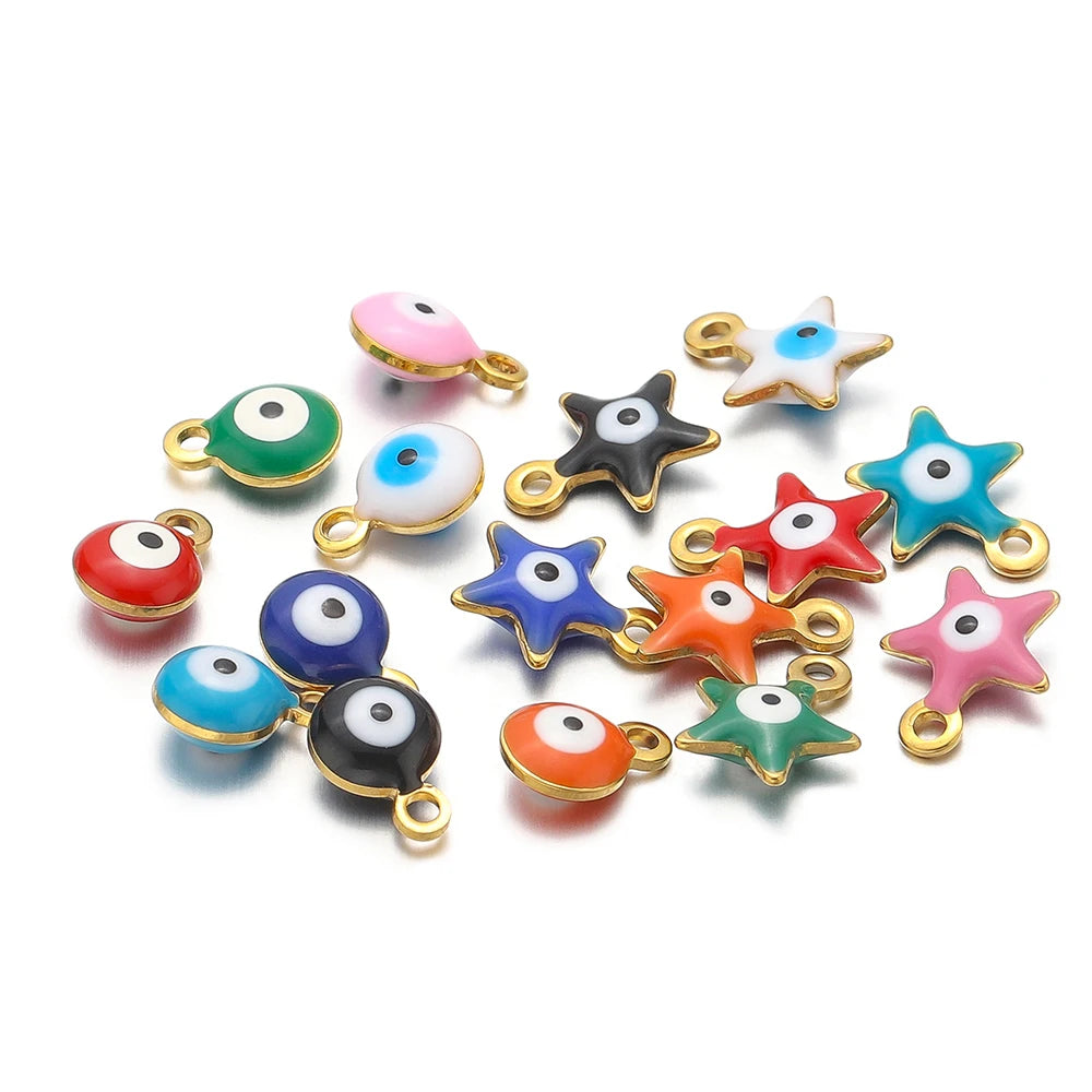 20pcs/bag  Stainless Steel 18K Gold Plated Colorful Enamel Round Star Charms Pendant for Jewelry Findings & Components