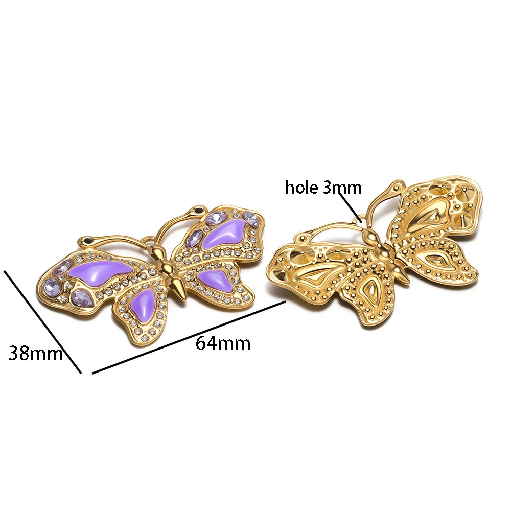 Exquisite French Pendant Stainless Steel Gold Plated Enamel Butterfly Zircon Charm Pendant for Diy Jewelry Making