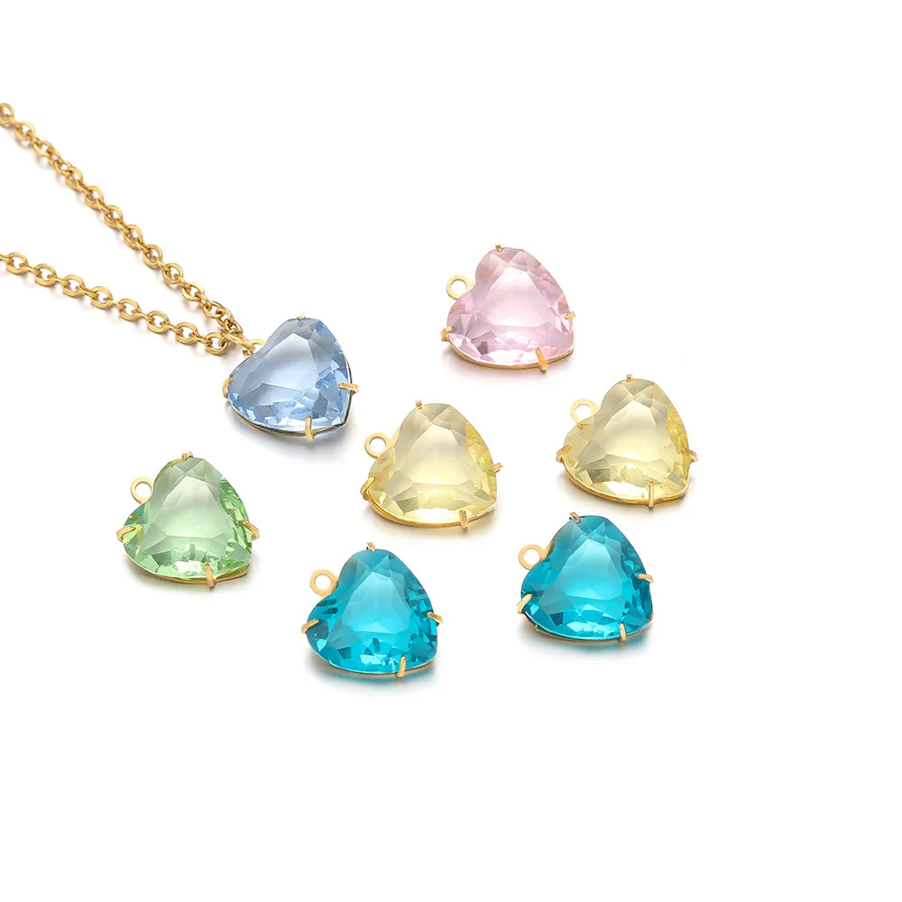 Love Charm 304 Stainless Steel 18k Gold Plated 12mm Heart Crystal Charm Pendant for Jewelry Necklace Making