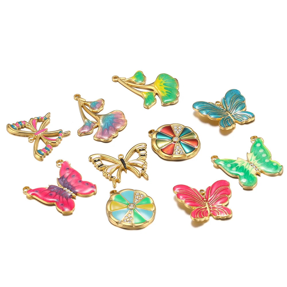 New Trendy Stainless Steel 18k Gold Plated Enamel Butterfly Leaves Flower Charm Pendants for Jewelry Necklace Making Accessories