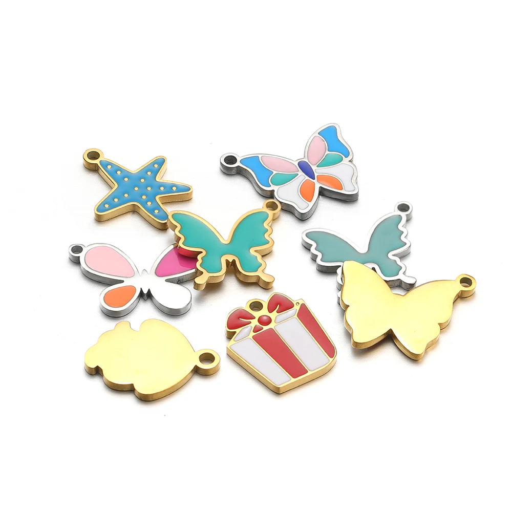 Gold Plated Stainless Steel Enamel Star Gift Bag butterfly Heart Charm Pendant for Jewelry Necklace Making Accessories