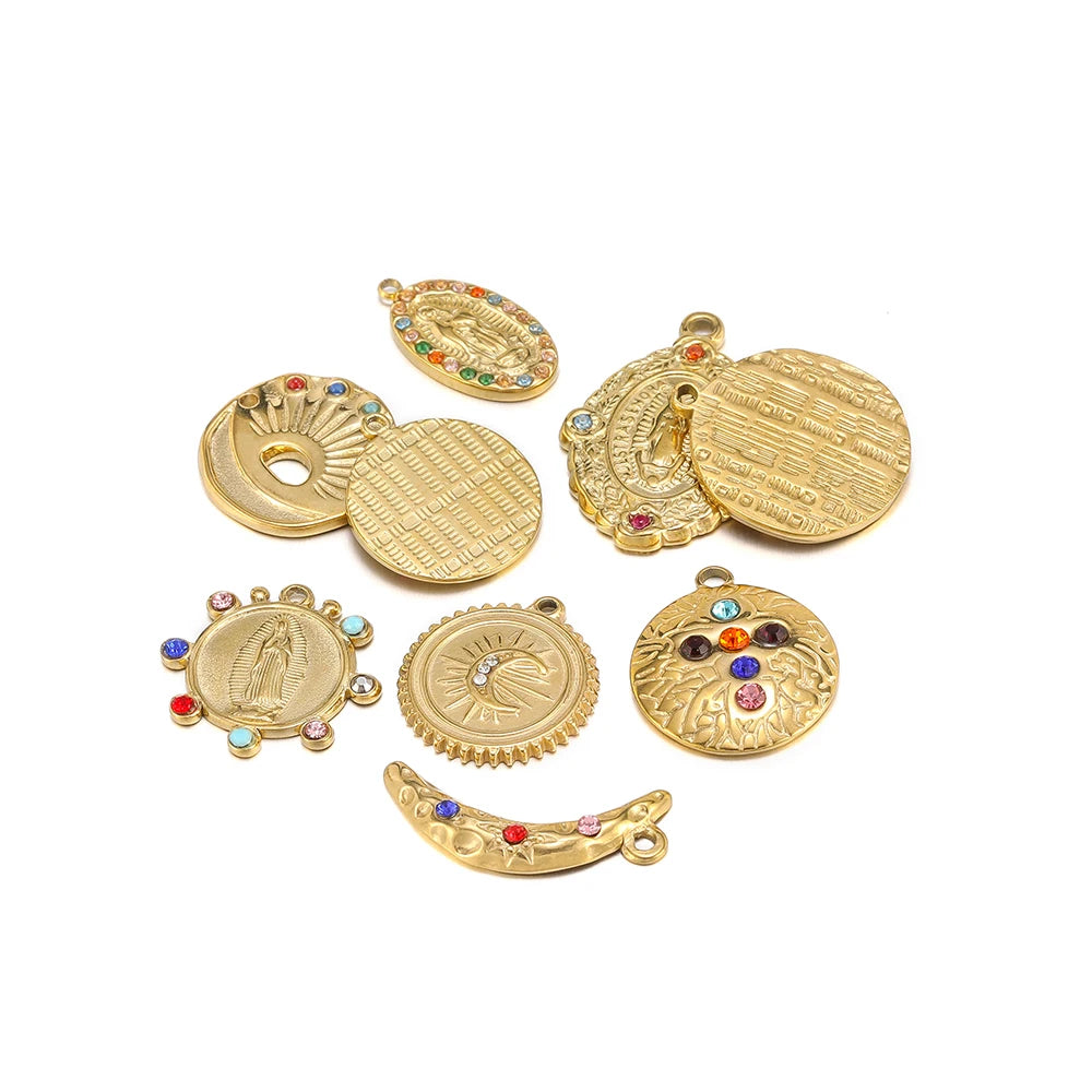 DIY Colorful Zircon Stainless Steel Gold Plated Charm Round Moon Zircon Charm Pendants for DIY Jewelry Necklace Making