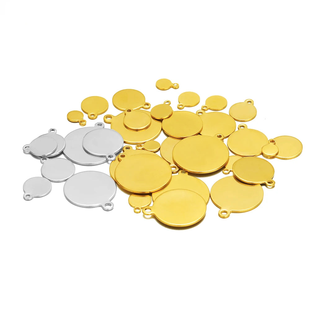 Engraved Name Logo Stainless Steel 18k Gold Plated Blank Round Charms Pendant for Jewelry Necklace Bracelets Making Accessories